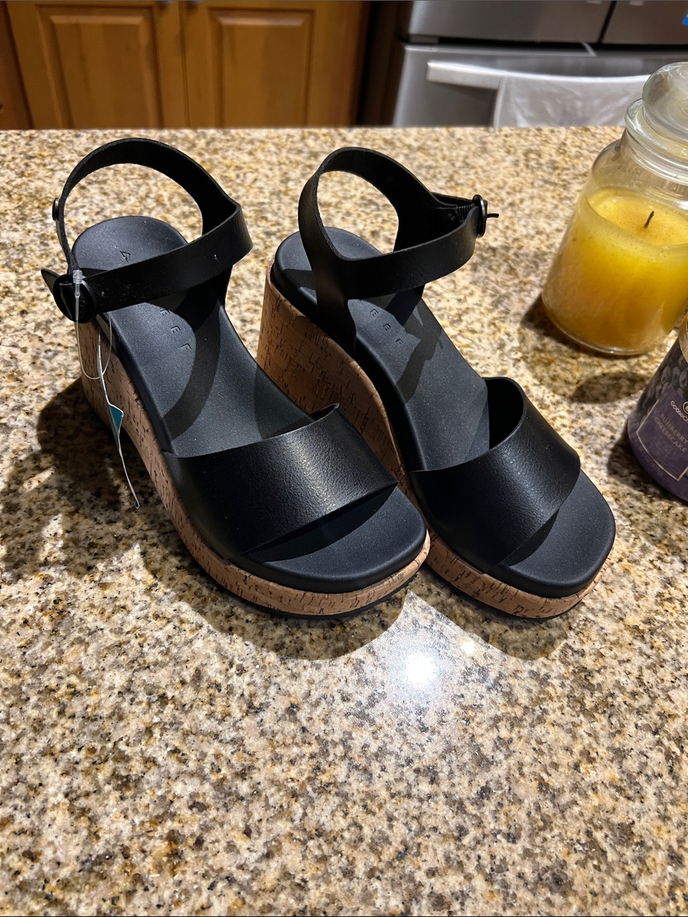 Reef Black Cork Wedge Sandals